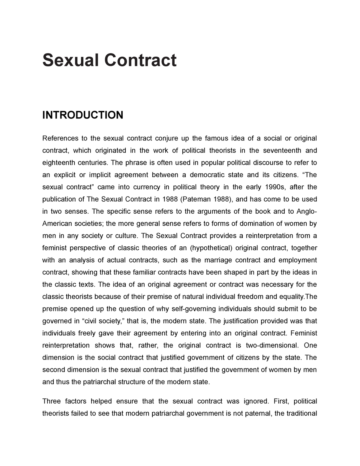A Brief On Sexual Contract Sexual Contract Introduction References To The Sexual Contract