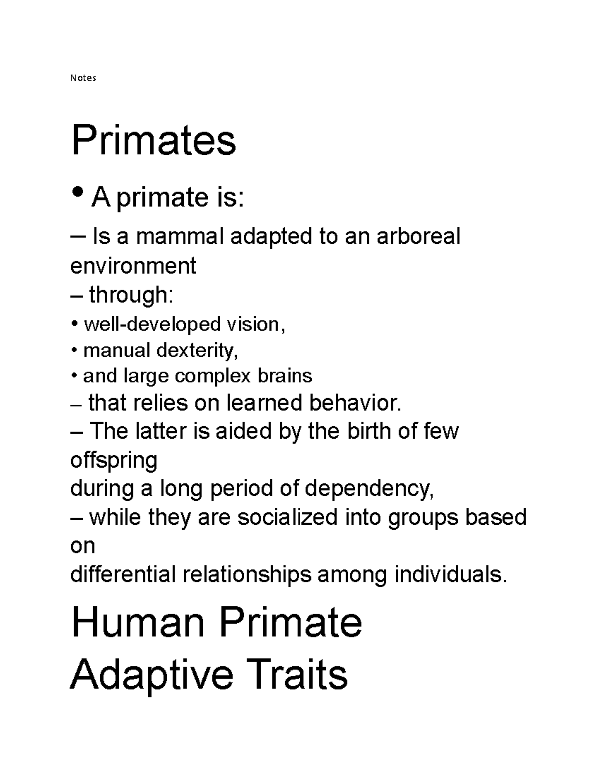 Document 149 animals Notes Primates • A primate is Is a mammal