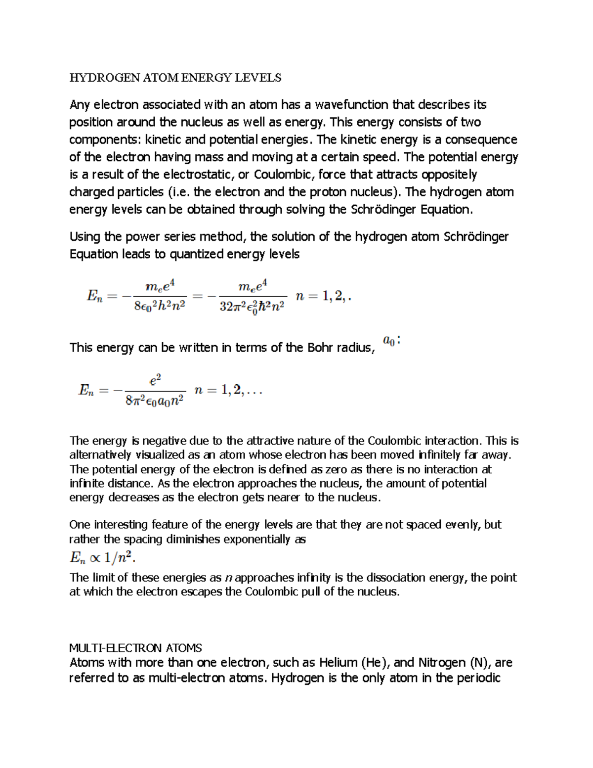 Hydrogen ATOM and multi electron atoms - HYDROGEN ATOM ENERGY LEVELS ...