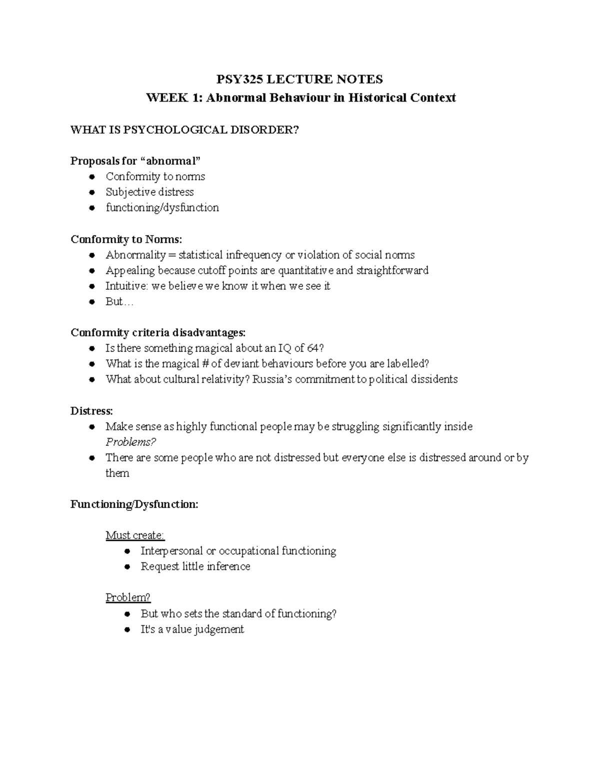 PSY325 Lecture Notes - PSY325 LECTURE NOTES WEEK 1: Abnormal Behaviour ...