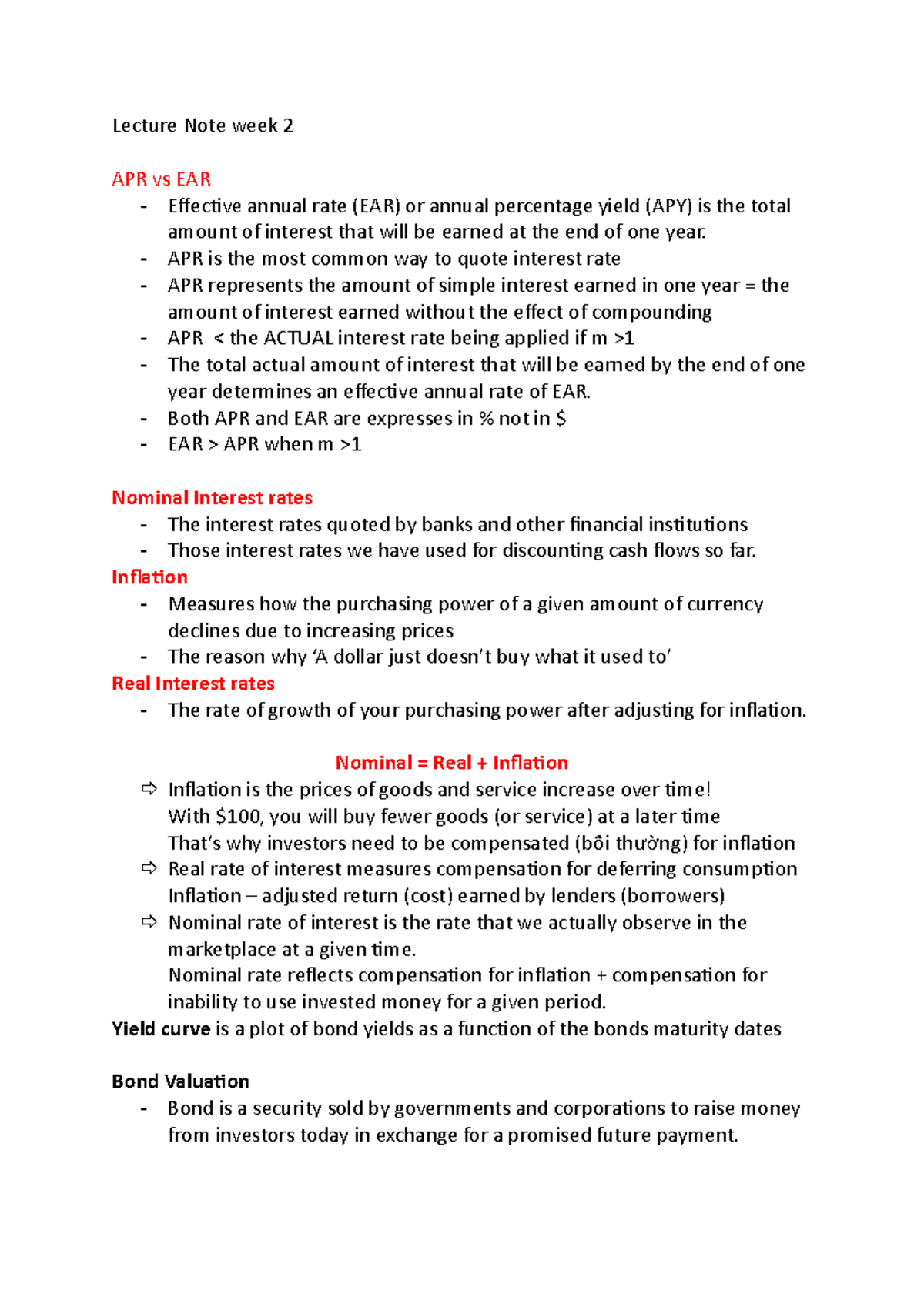 Lecture Note week 2 - APR is the most common way to quote interest rate ...
