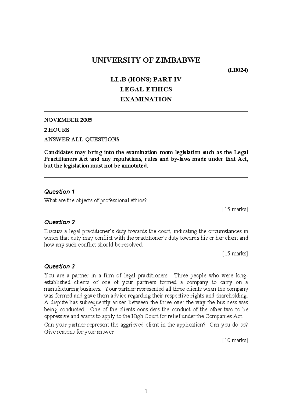 Legal Ethics Nov 2005 Past paper UNIVERSITY OF ZIMBABWE (LB024) LL