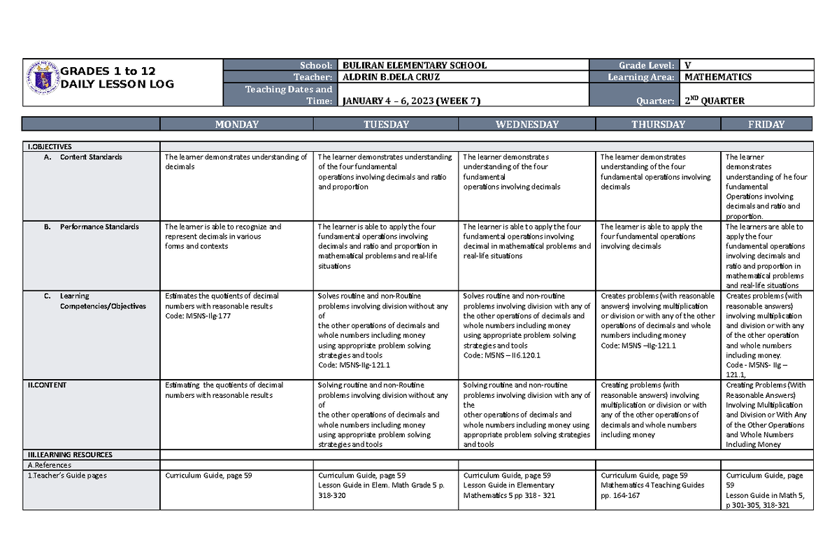 DLL Mathematics 5 Q2 W7 - none - GRADES 1 to 12 DAILY LESSON LOG School ...