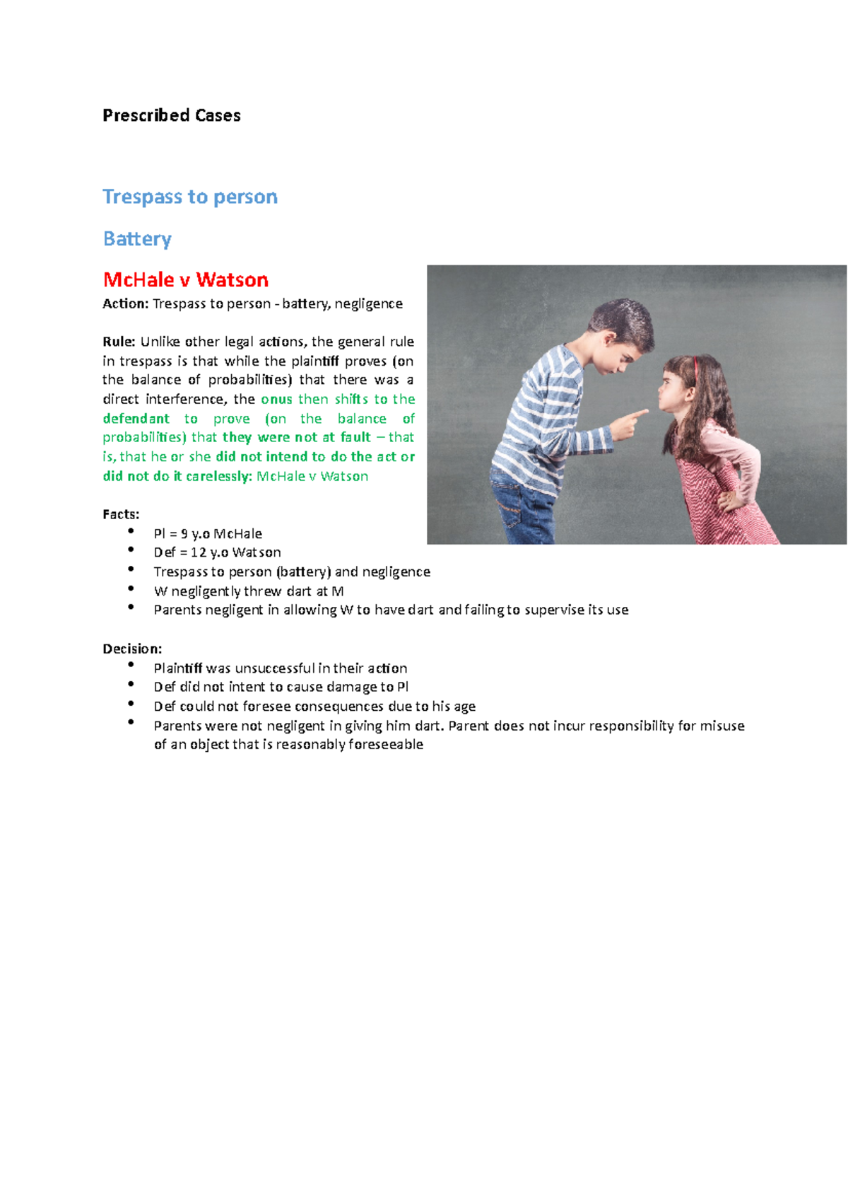 Prescribed Cases Prescribed Cases Trespass to person Battery McHale v