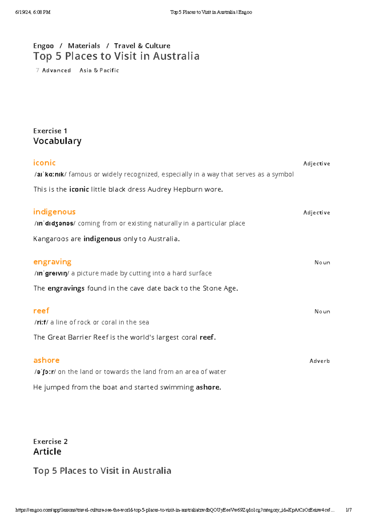 Lesson 2 Top 5 Places to Visit in Australia Engoo - Engoo / Materials ...