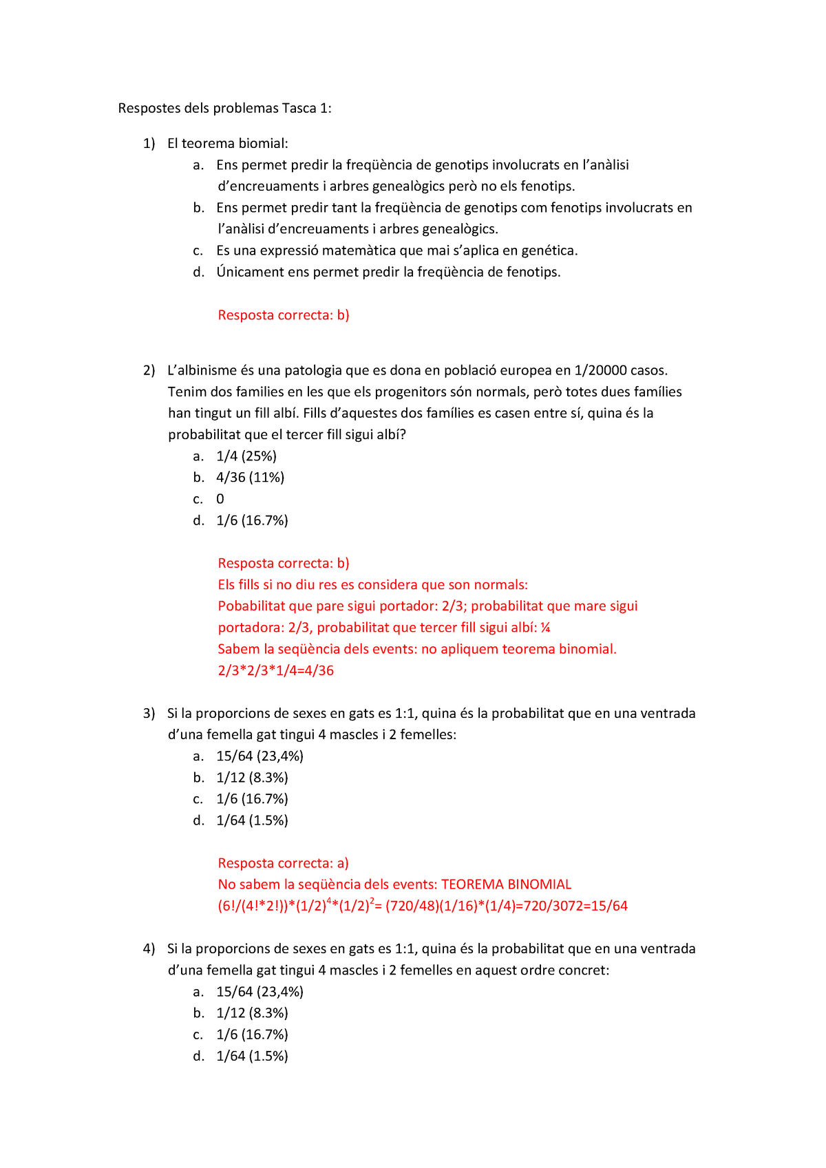 Respostes Problemes Tasca 1 Genètica /Respuestas Problemas Tarea 1 ...