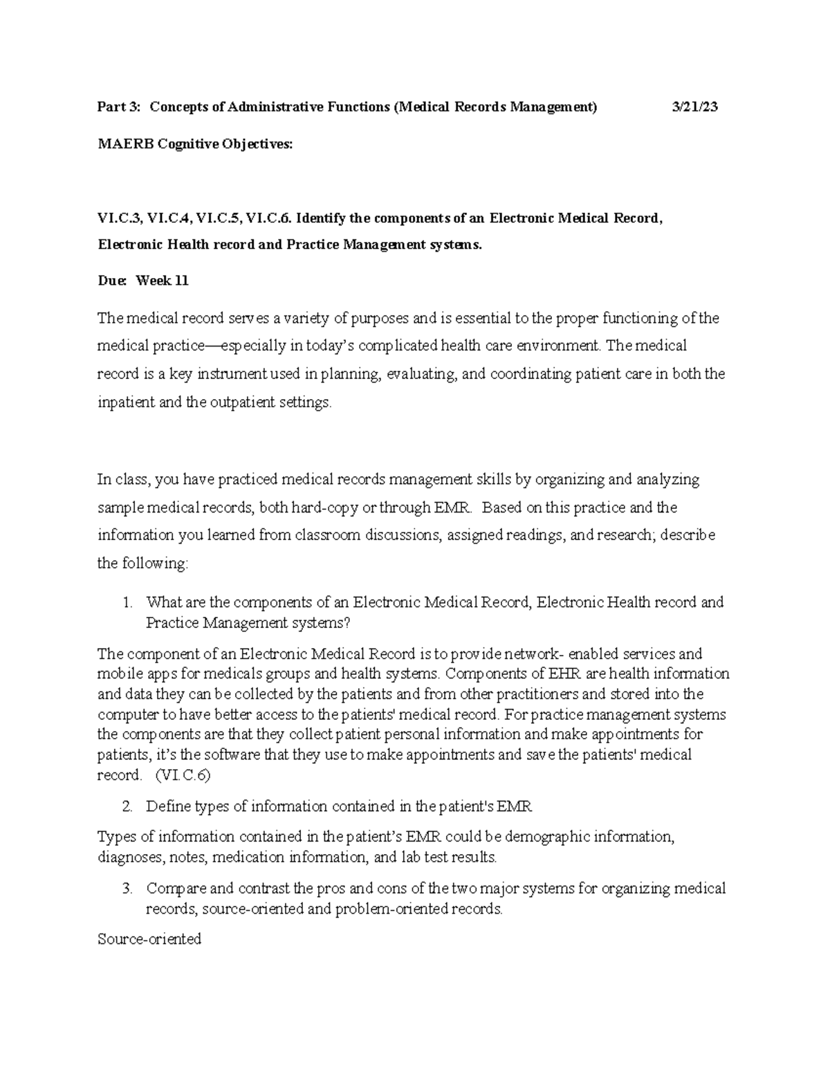 AHLT 245 Medical Office Procedure Lab Part3 Part 3 Concepts of