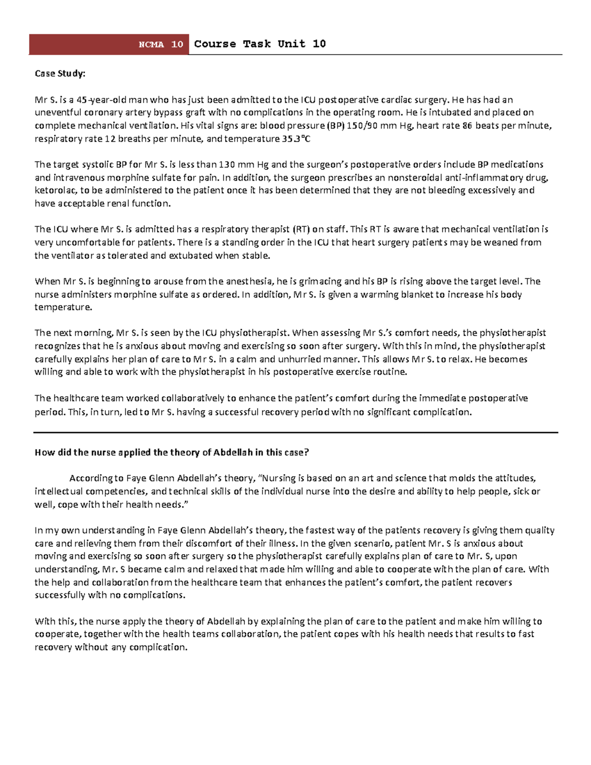 Course task unit 10 - Lecture notes FINALS - NCMA 10 Course Task Unit ...