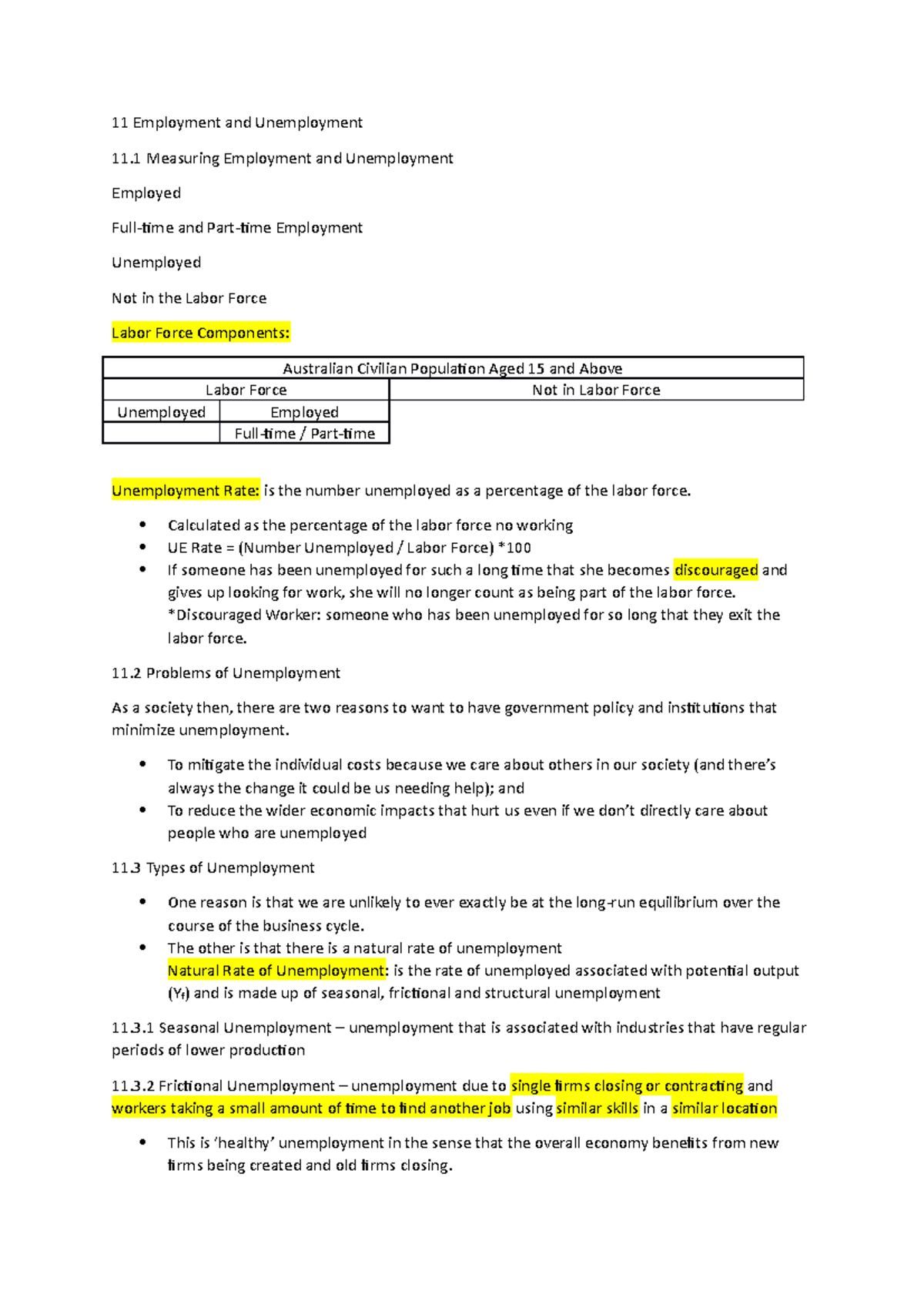 Econ 1012 Notes 11 - 11 Employment and Unemployment 11 Measuring ...