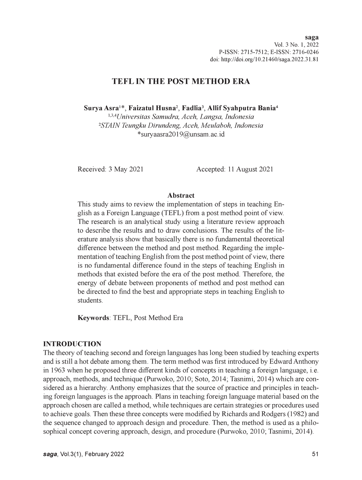 TEFL IN THE POST Method ERA - Saga Vol. 3 No. 1, 2022 P-ISSN: 2715-7512 ...