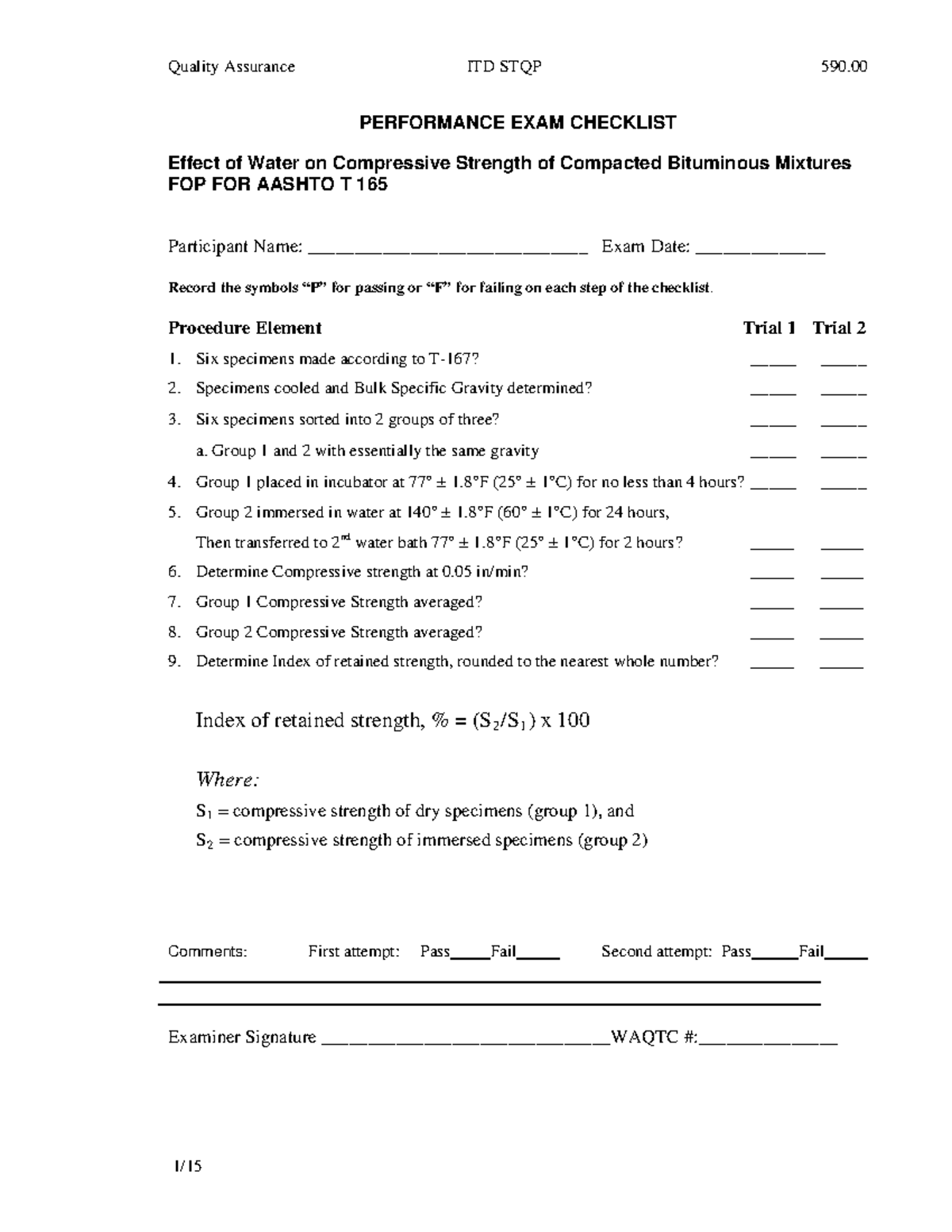 FOP for Aashto - Quality Assurance ITD STQP 590. 1/ PERFORMANCE EXAM ...