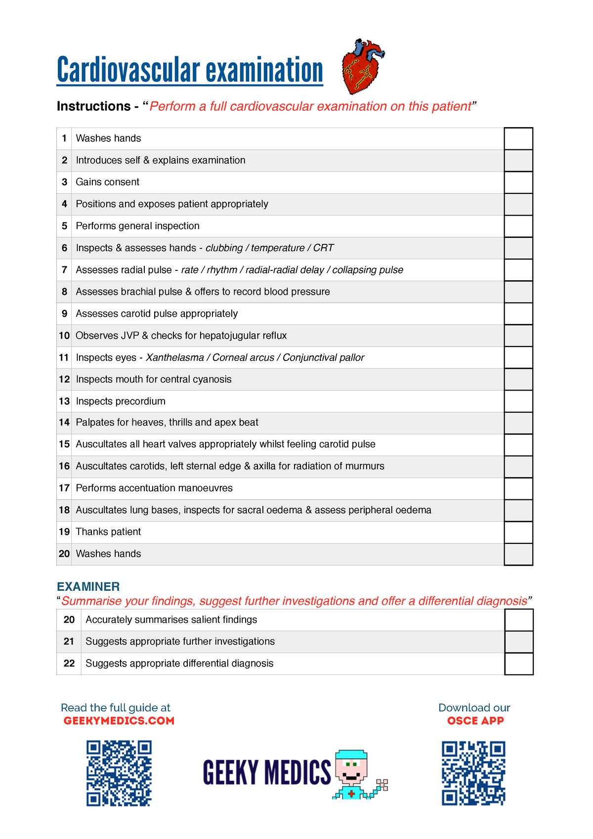 Cardiovascular Examination OSCE Mark Scheme - Cardiovascular ...