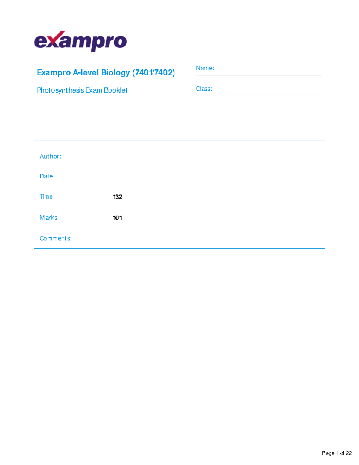 Photosynthesis Exam Booklet - Exampro A-level Biology (7401/7402) Phot ...