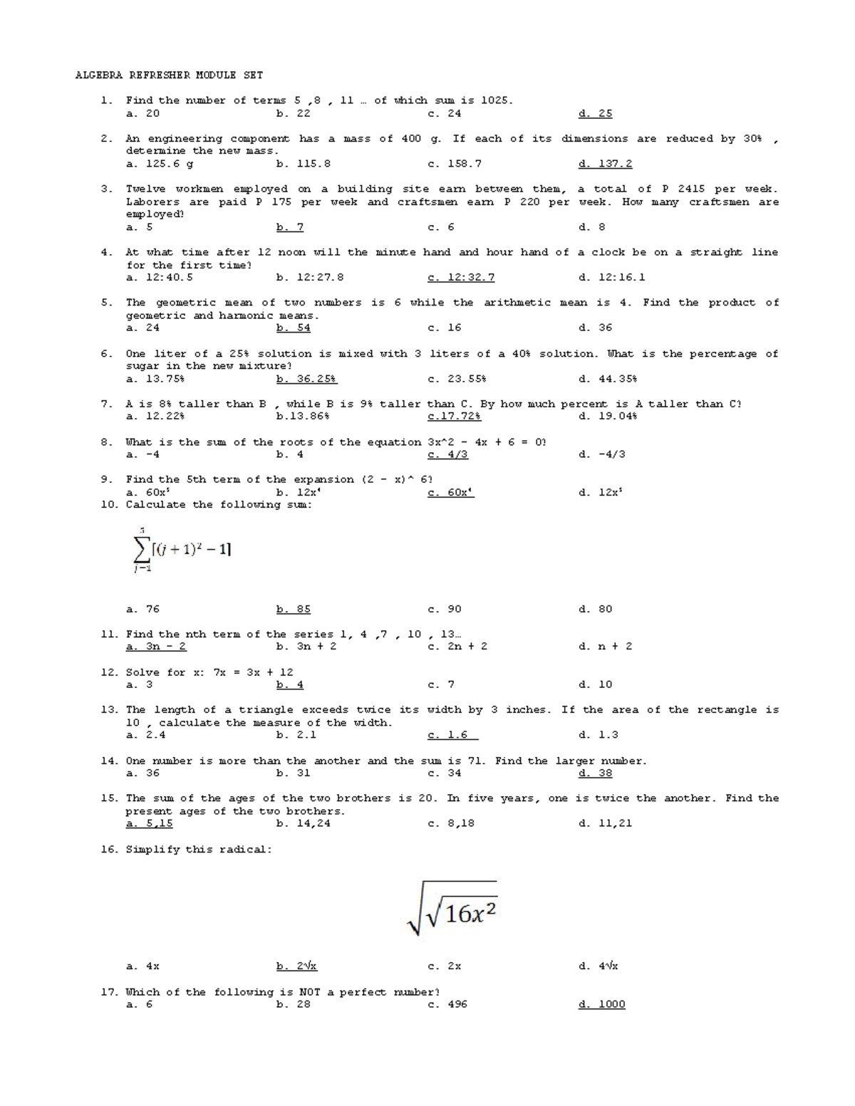 ALGEBRA REFRESHER MODULE SET - ALGEBRA REFRESHER MODULE SET Find the ...