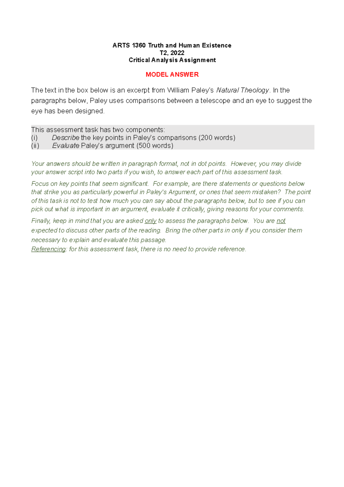 Critical Analysis Sample Assignment T2 2022 - ARTS 1360 Truth and Human ...