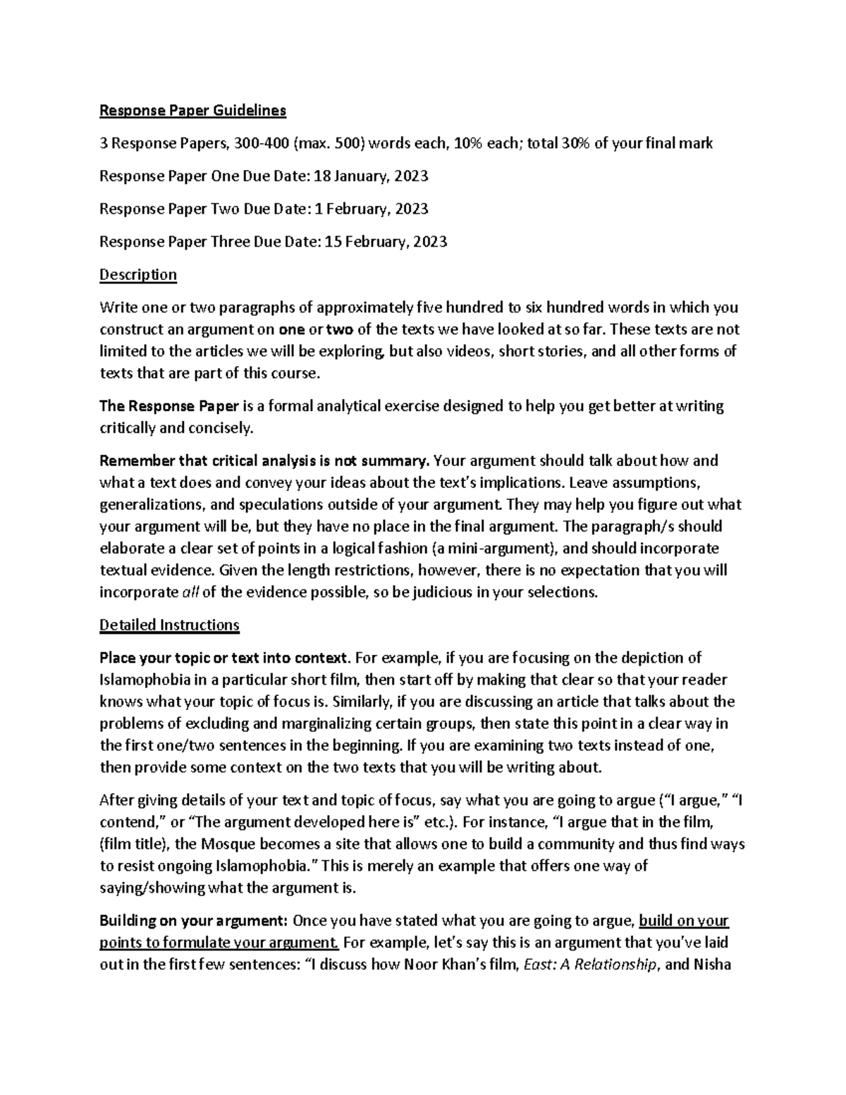 Response Paper Guidelines - 500) words each, 10% each; total 30% of ...