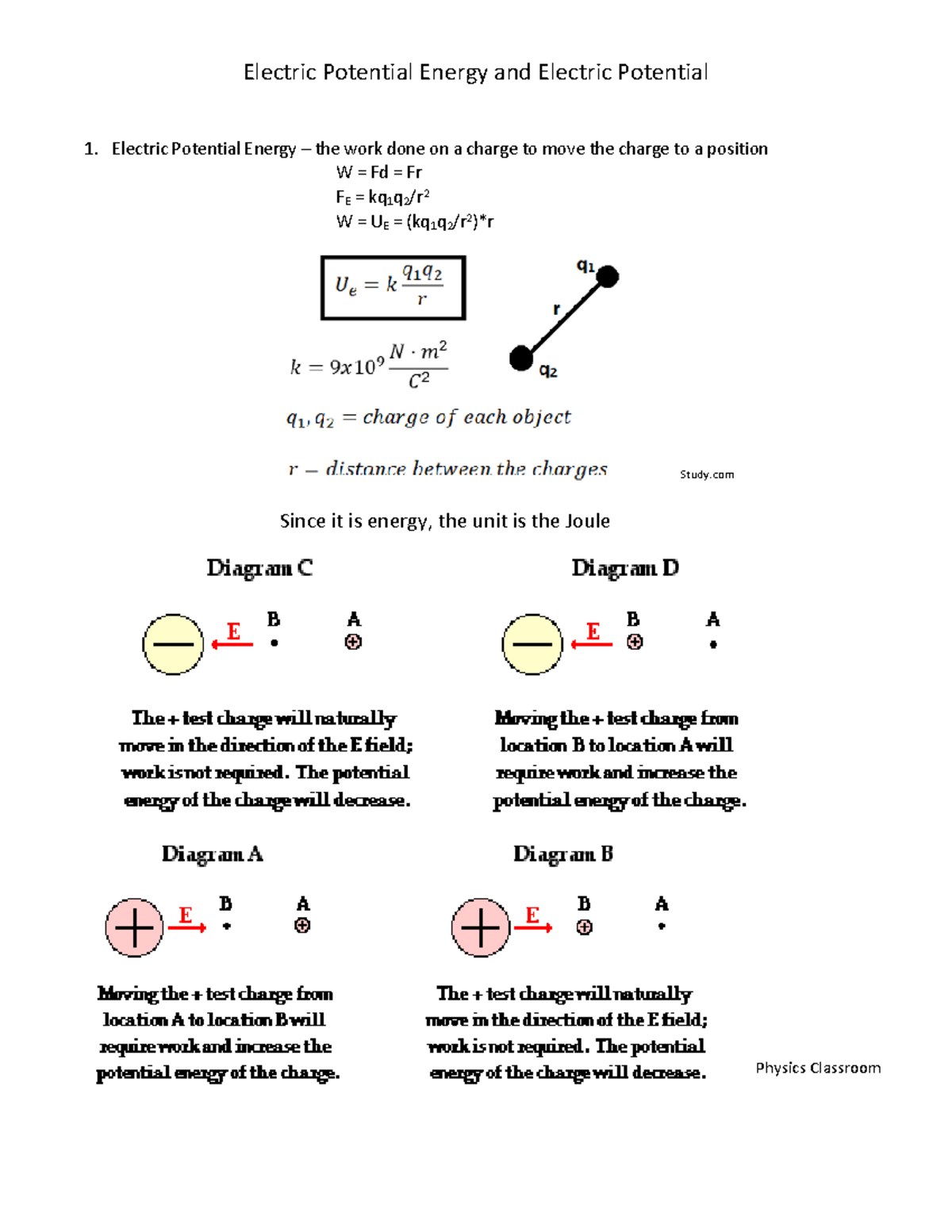 Electric Potential Energy and Electric Potential Notes Electric