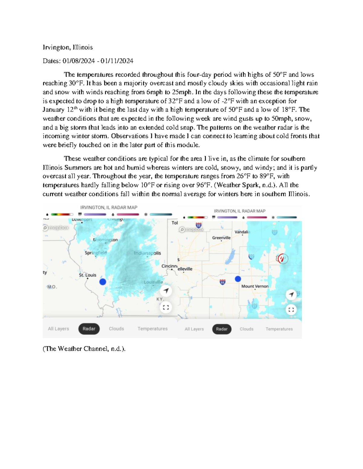 SCI207 12 Weather Journal Irvington, Illinois Dates 01/08/202 4