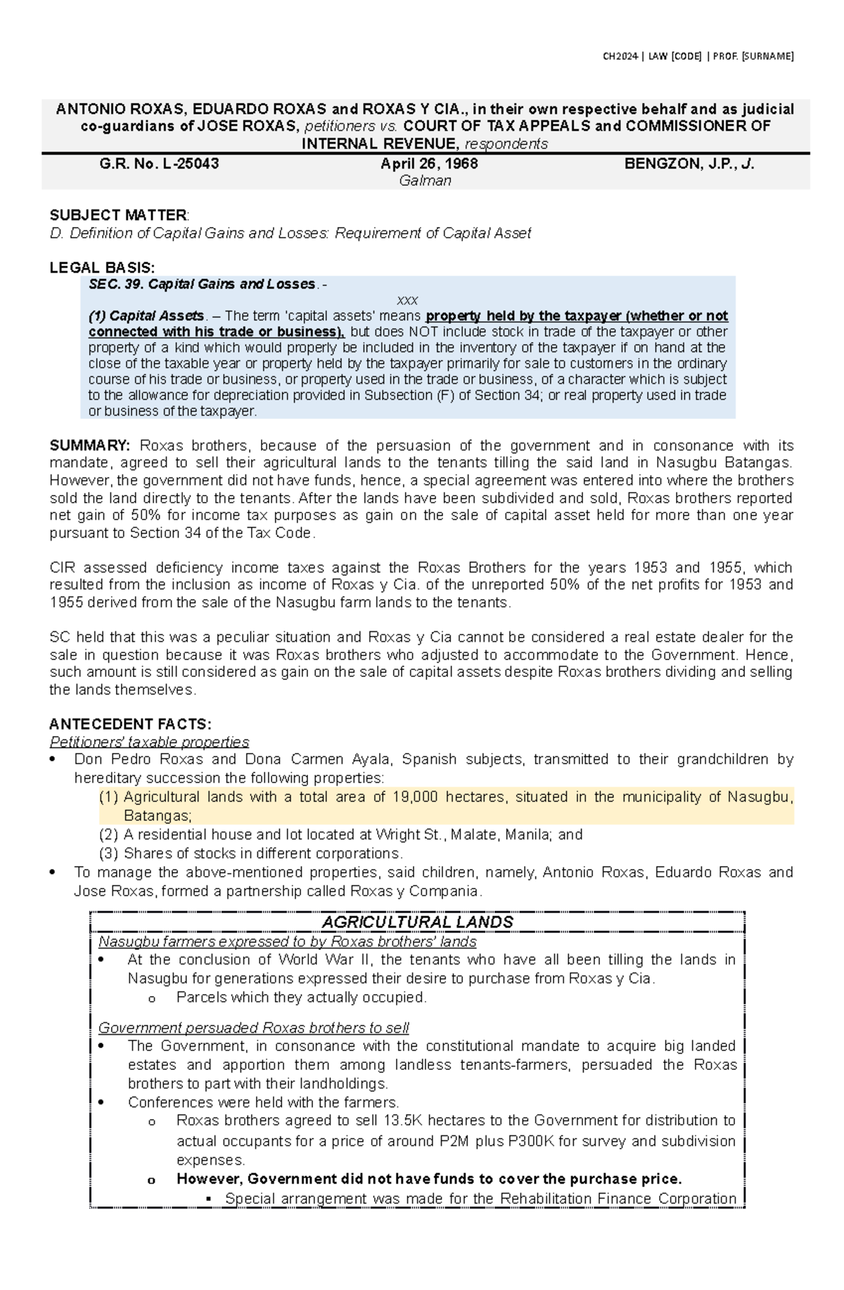 L139 Roxas v. CTA (GR L-25043) - CH2024 | LAW [CODE] | PROF. [SURNAME ...