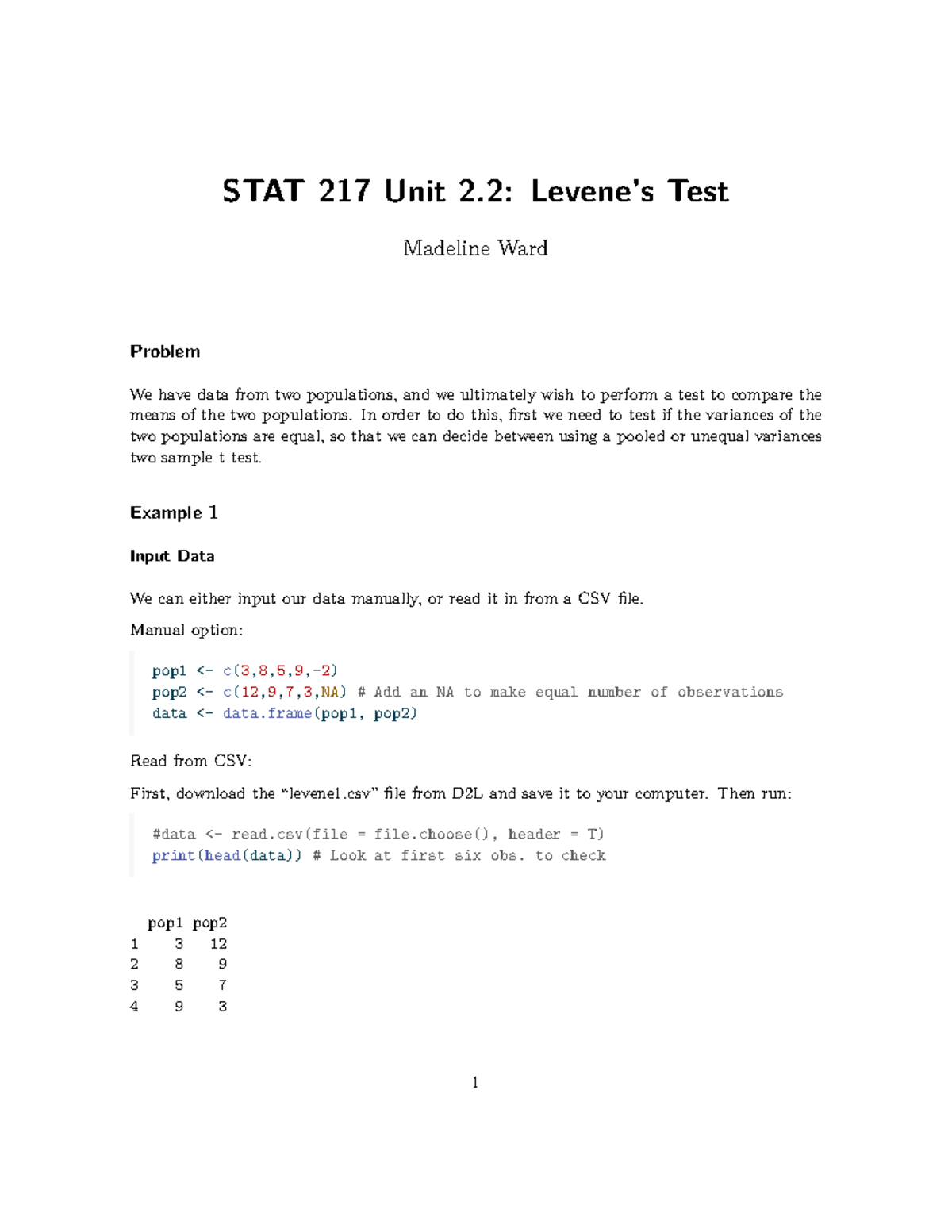 Unit 2.2 Levene Test L02 Notes - STAT 217 Unit 2: Levene’s Test ...