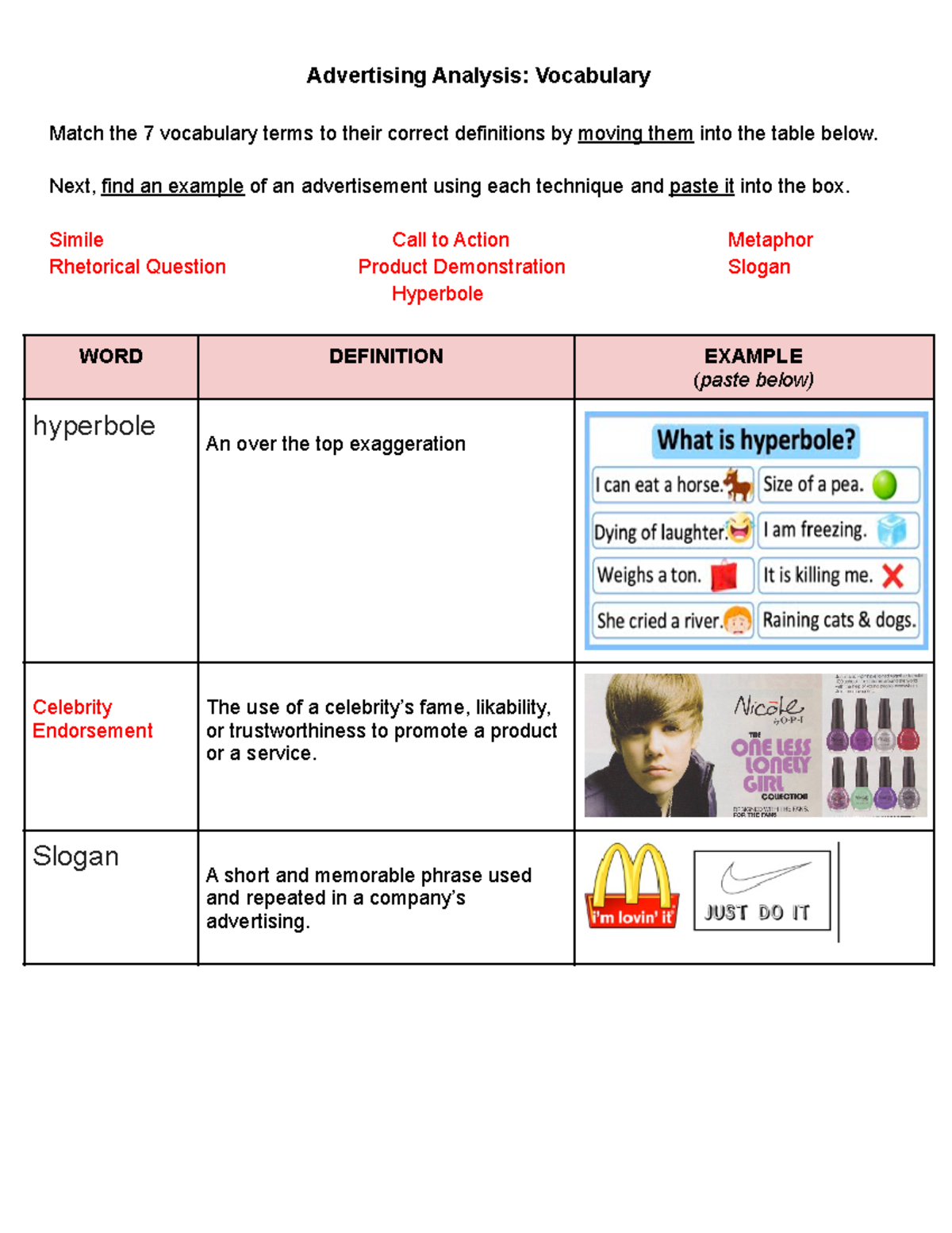 1. Advertising Analysis Vocabulary - Advertising Analysis: Vocabulary ...