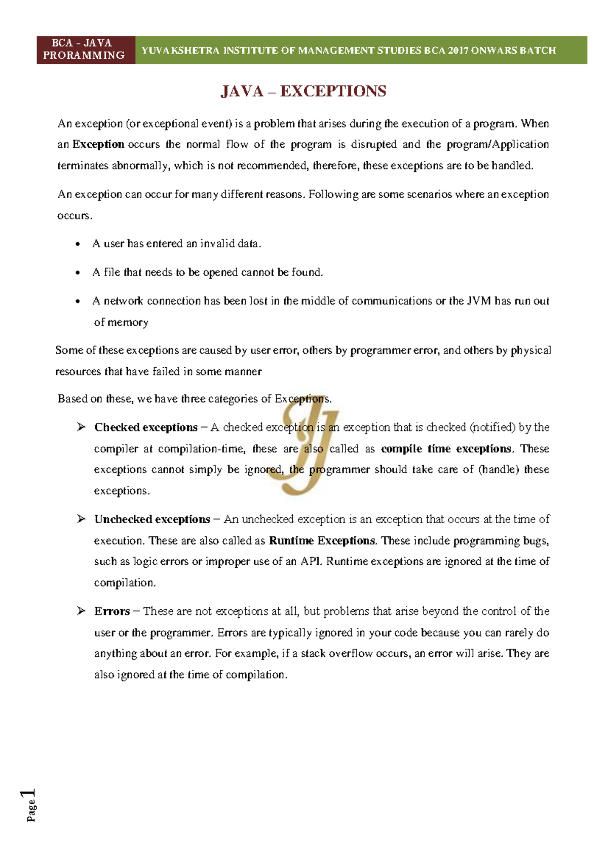 3 - java short on java exceptions - PRORAMMING YUVAKSHETRA INSTITUTE OF ...