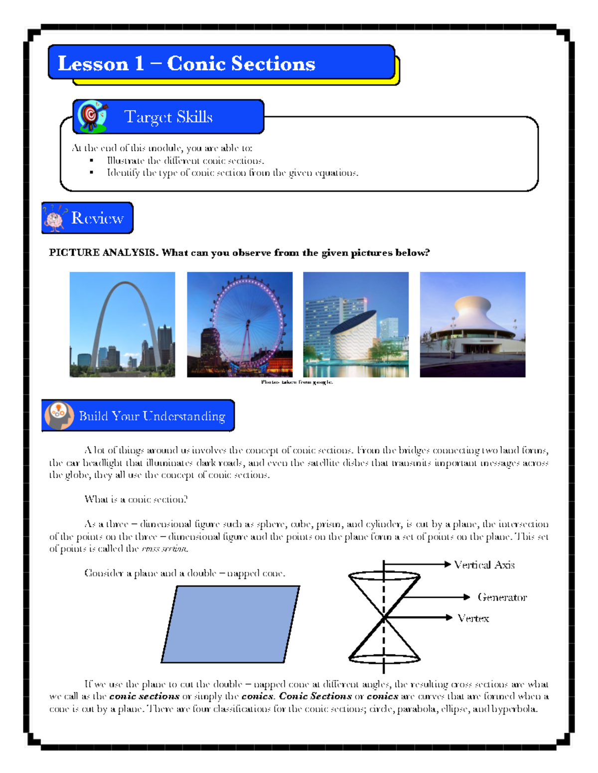 Lesson 1 - Conic Sections - PICTURE ANALYSIS. What can you observe from ...