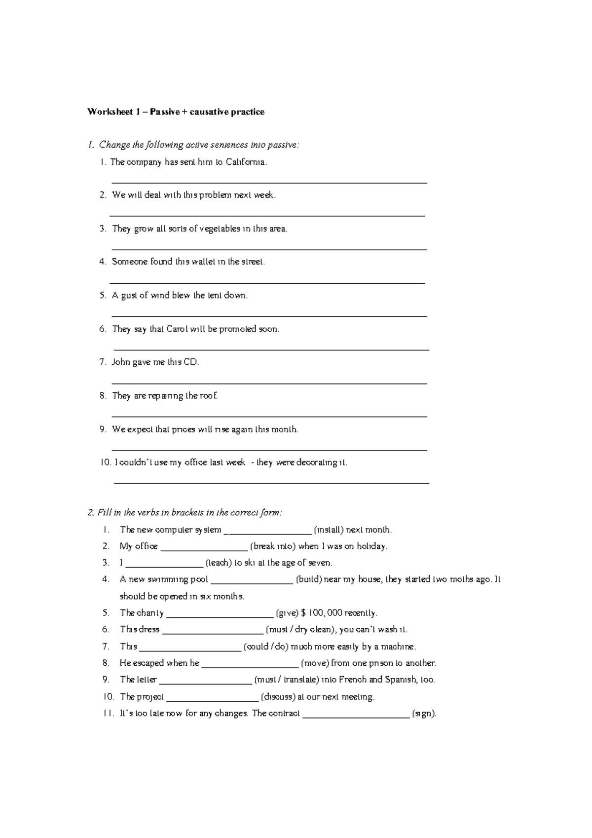 Worksheet 1 - Passive - Worksheet 1 – Passive + causative practice ...