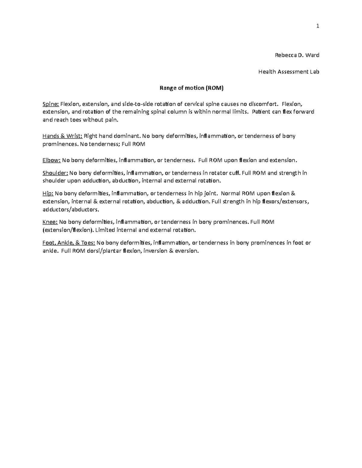 Health Asssessment ROM - 1 Rebecca D. Ward Health Assessment Lab Range ...