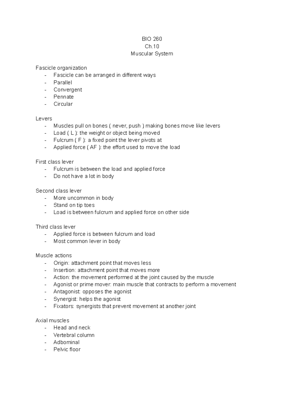 BIO 260 Ch.10 Notes - BIO 260 Ch. Muscular System Fascicle organization ...