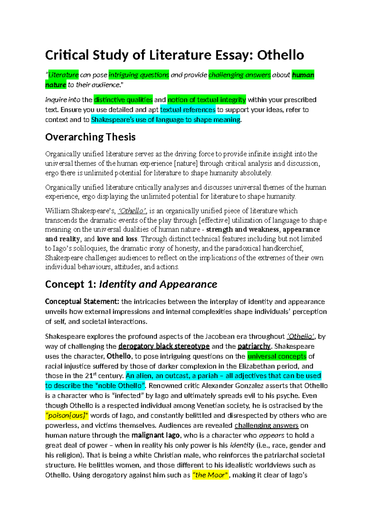 Othello Practice Essay - Critical Study of Literature Essay: Othello ...