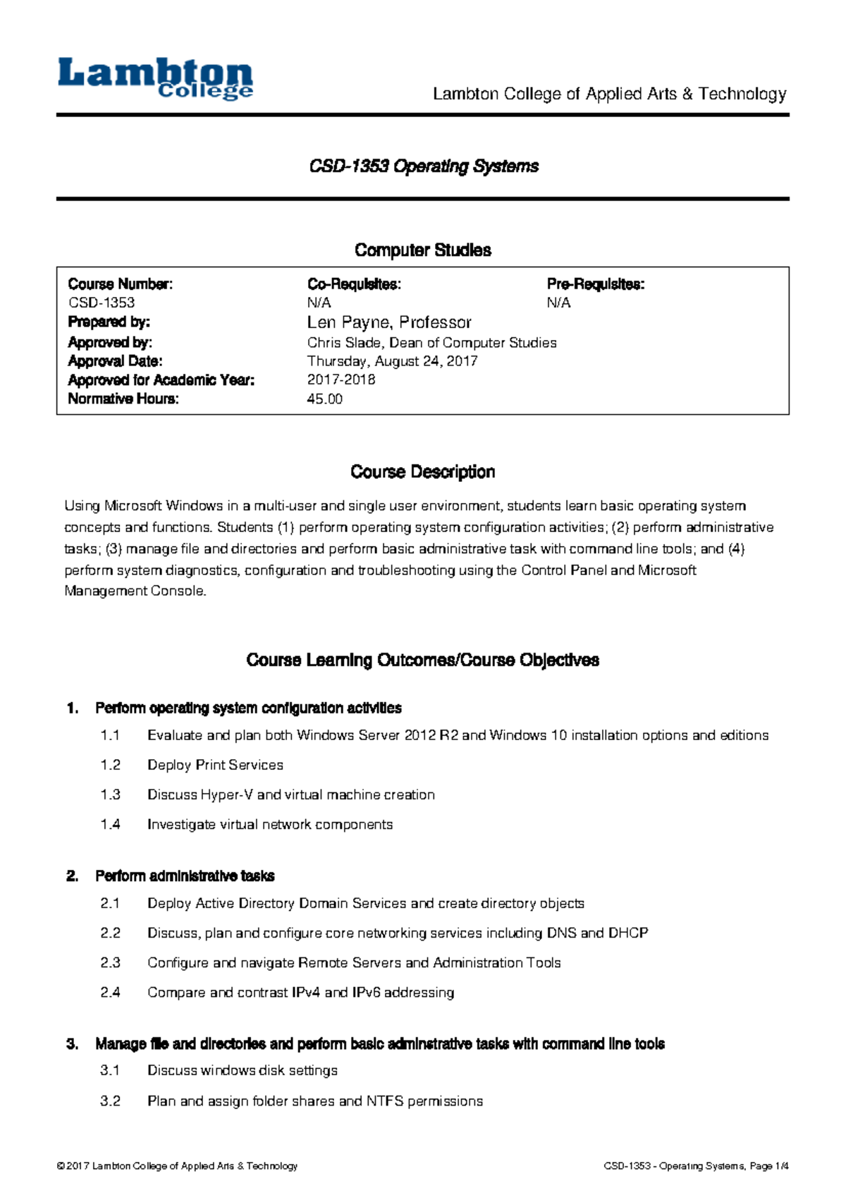 CSD 1353 - Operating Systems - Lcaat - Lambton College of Applied Arts ...