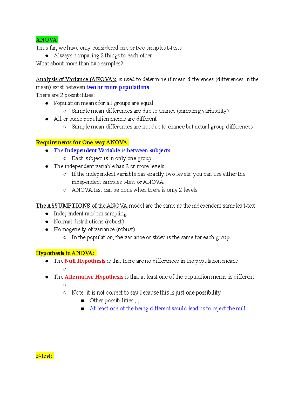 Exam 3 Study Guide ANOVA - ANOVA Thus far, we have only considered one ...