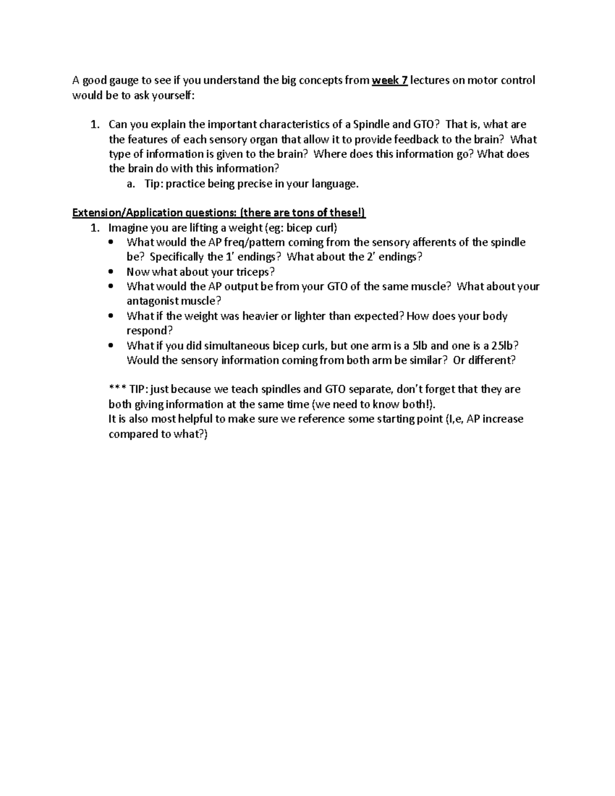 Thinking questions end of week 7 A good gauge to see if you