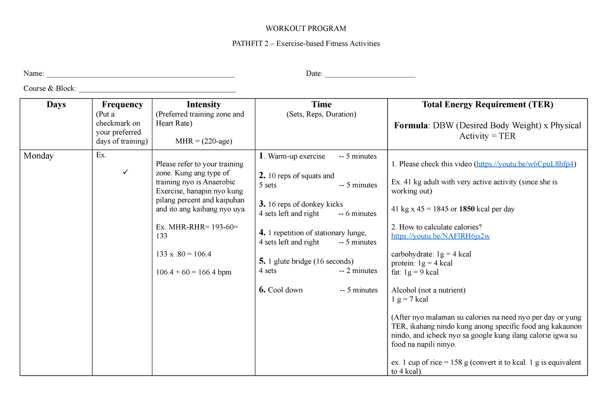 Exercise Plan, Dietary Goals - WORKOUT PROGRAM PATHFIT 2 – Exercise ...