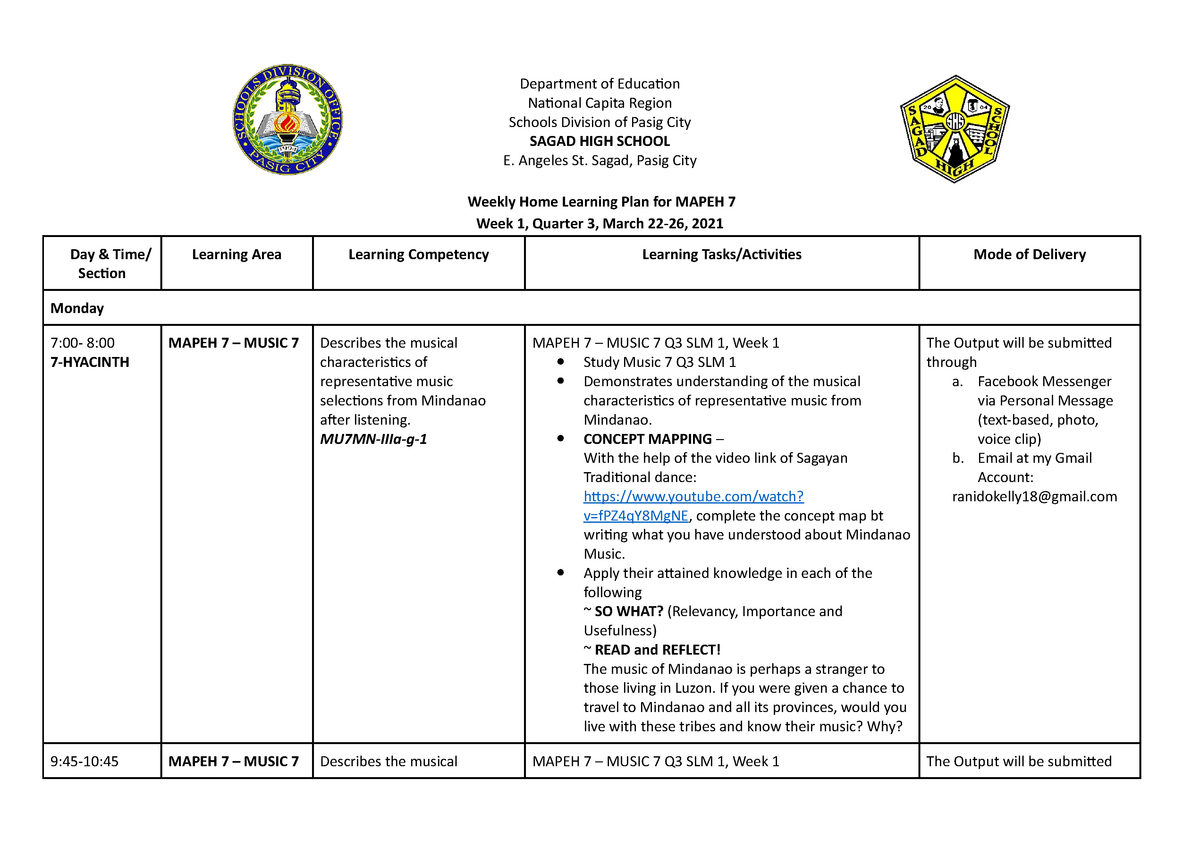 Weekly Home Learning Plan Whlp Mapeh 3 Week 1 Quarter 7225