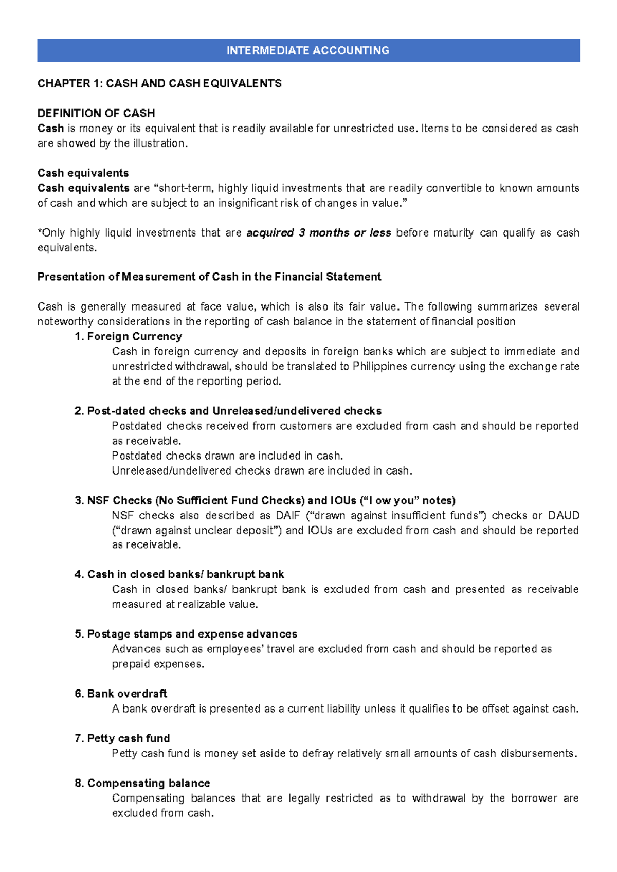 Chapter 1 Cash and Cash Equivalents INTERMEDIATE ACCOUNTING CHAPTER 1