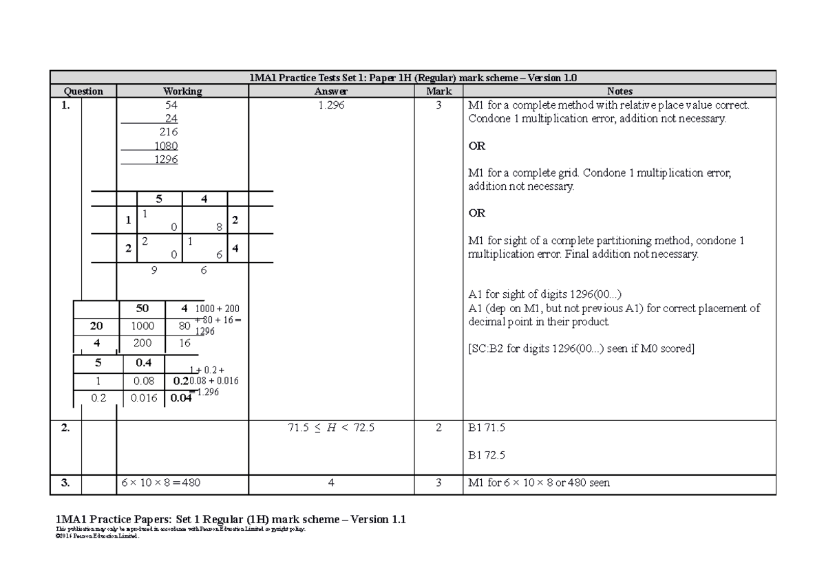 04b Practice Test Set 1 Paper 1h Mark Scheme Question Working Answer Mark Notes 1 54 24 216 04b Practice Test Set 1 Paper 1h Mark Scheme Question Working Answer Mark Notes 1 54 24 216