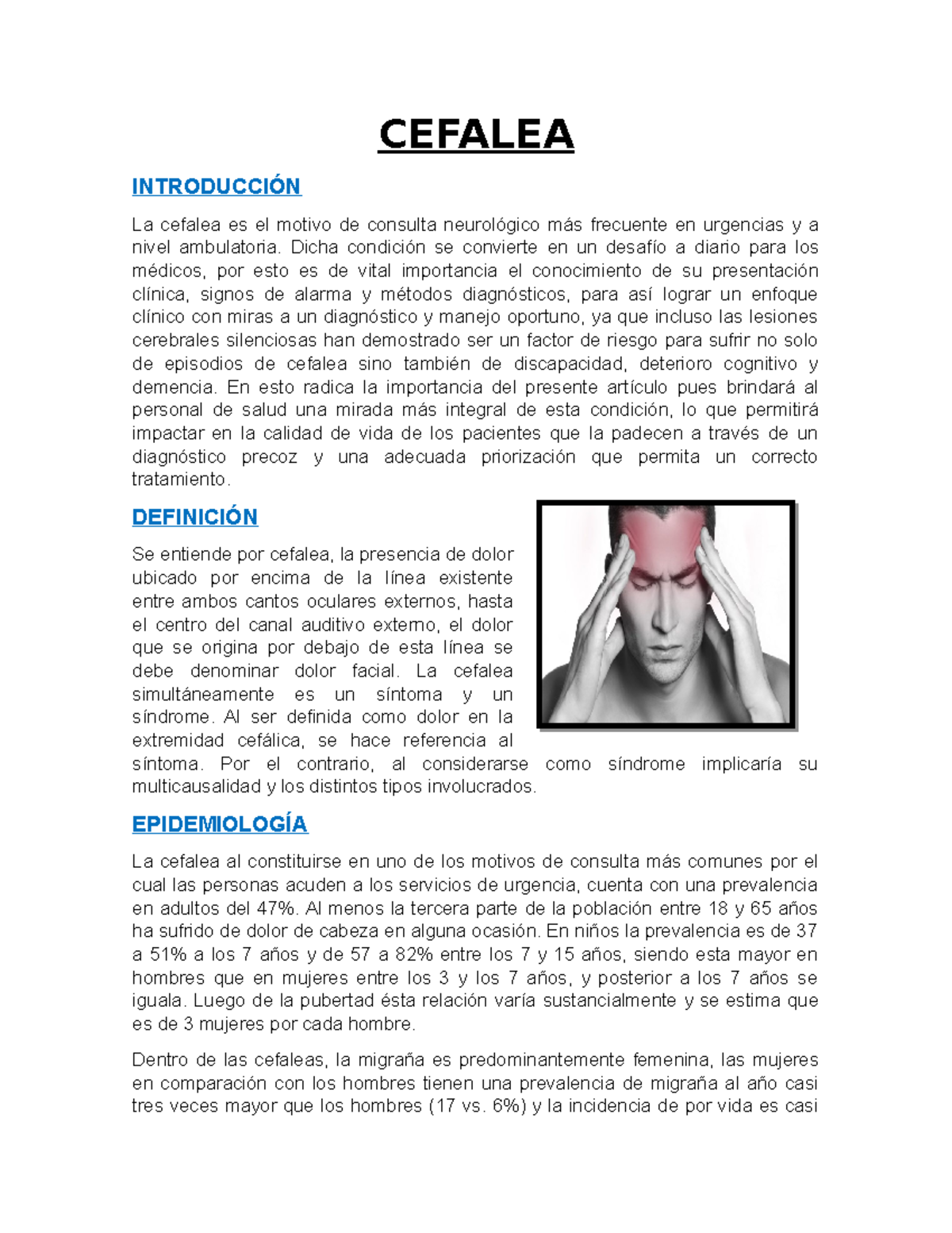 Cefalea Definición, Etiología, Epidemiología Y Fisiopatología