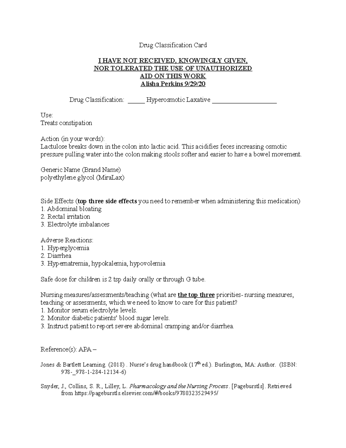 Drug Classification Card hyperosmotic laxatives - Drug Classification ...