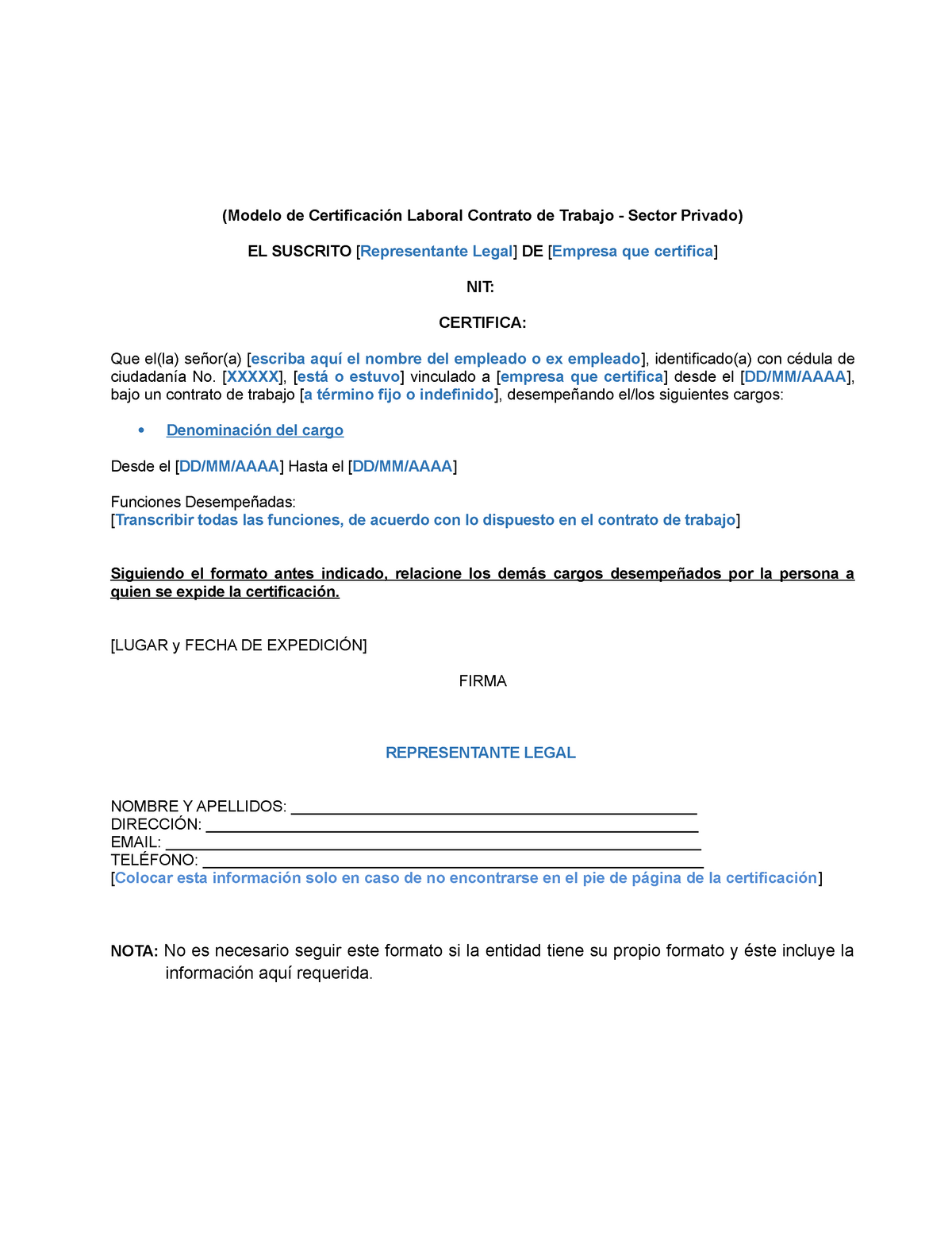 Modelo Certificado Laboral Sector Privado Modelo De Certificación