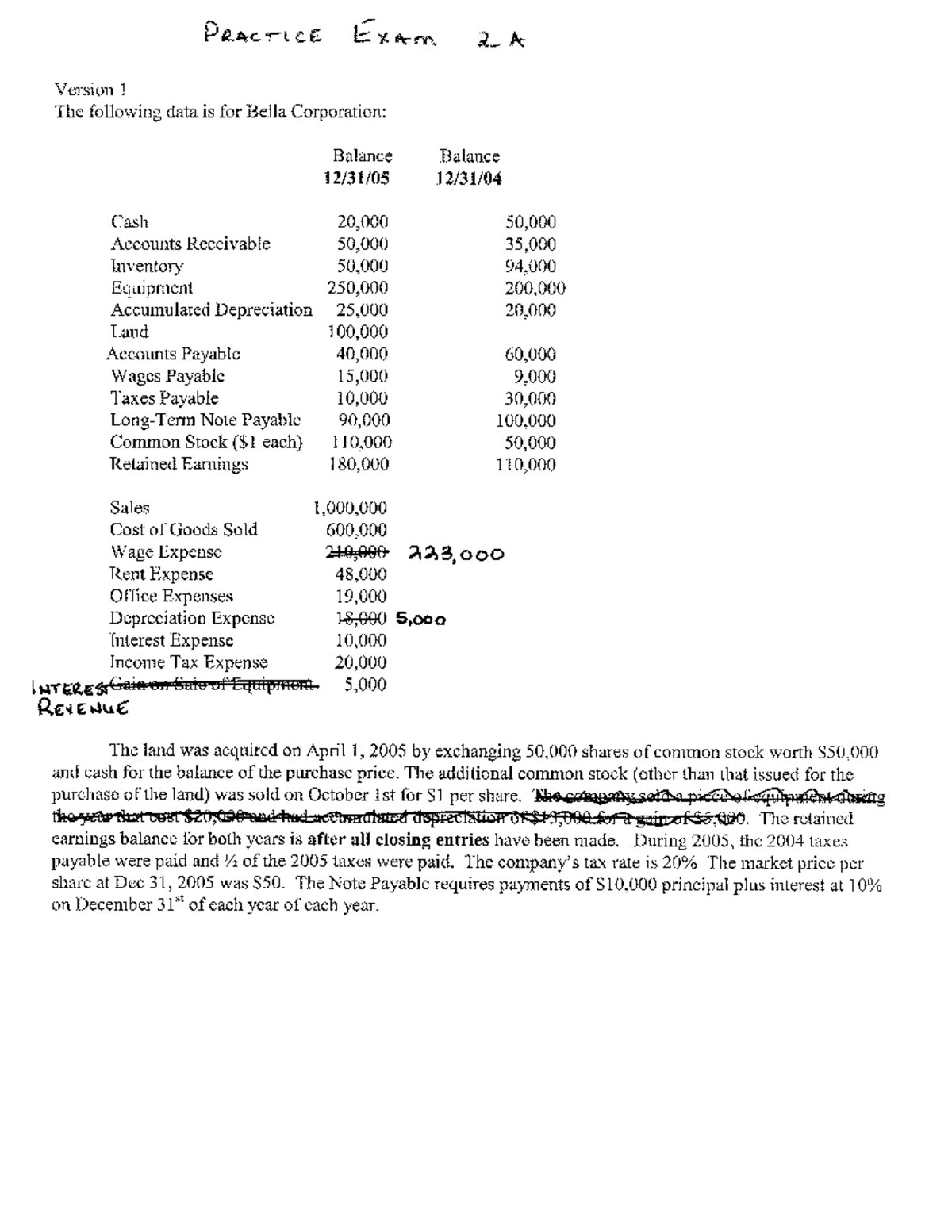 balance sheet practice exam - PRACTICE Exam 2A Version 1 The following ...