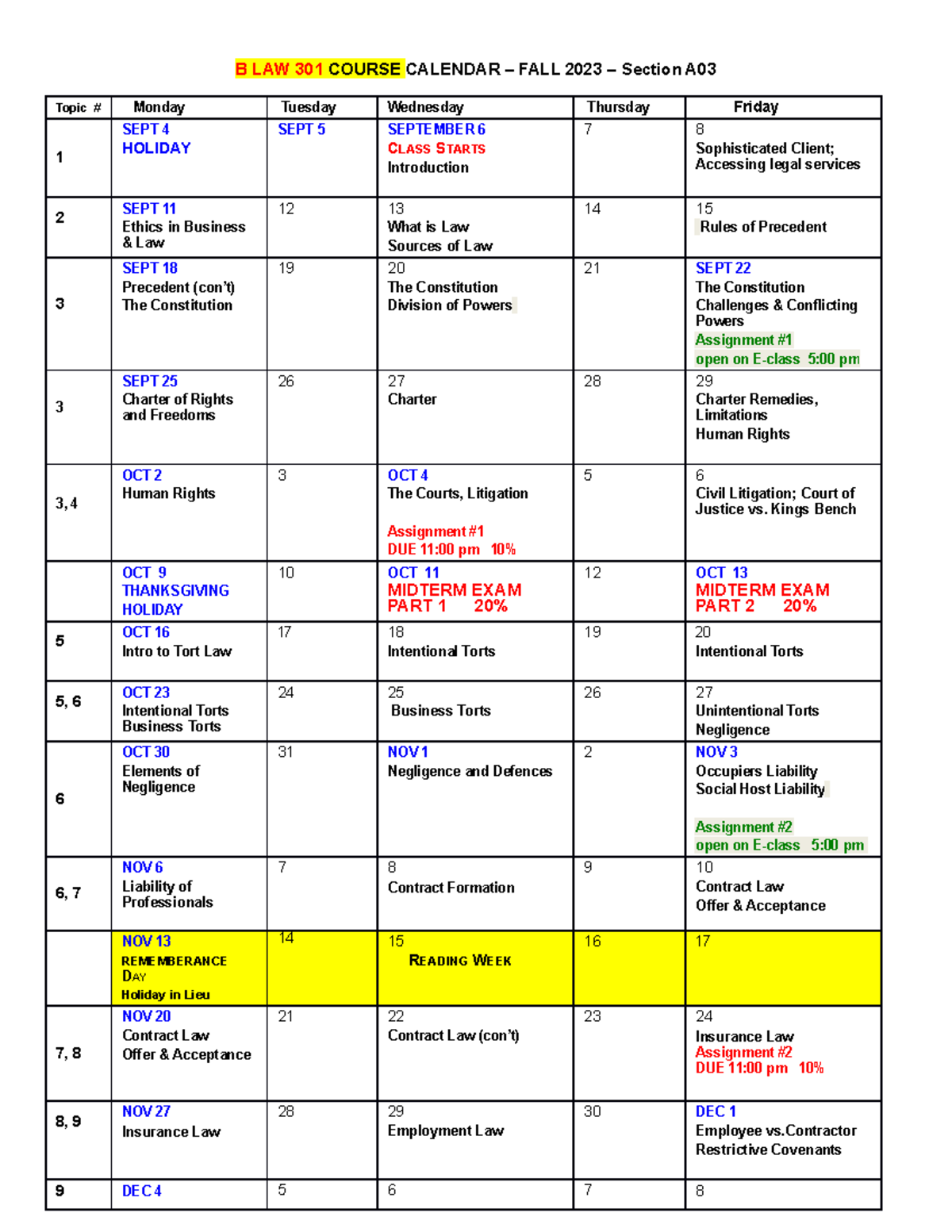 Law Outline - B LAW 301 COURSE CALENDAR – FALL 2023 – Section A Topic ...