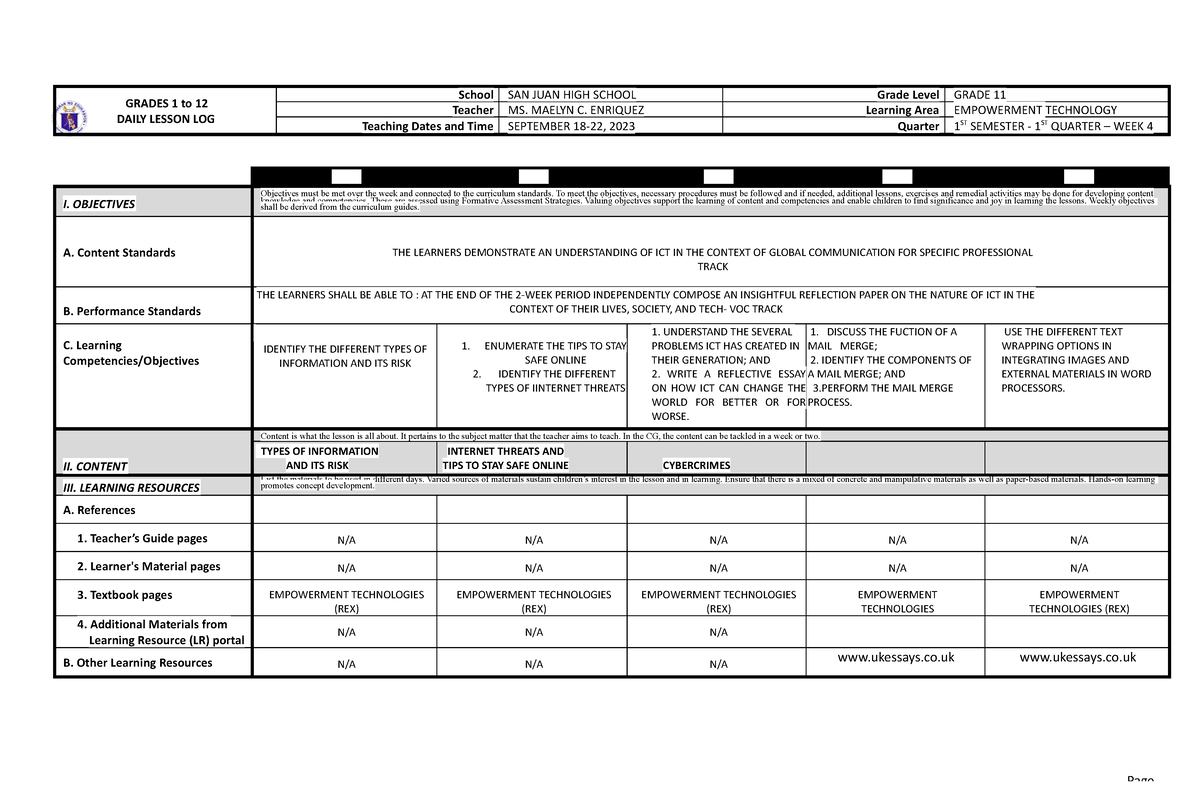 Emtech DLL Q1 WEEK4 1 - DLL - GRADES 1 To 12 DAILY LESSON LOG School ...