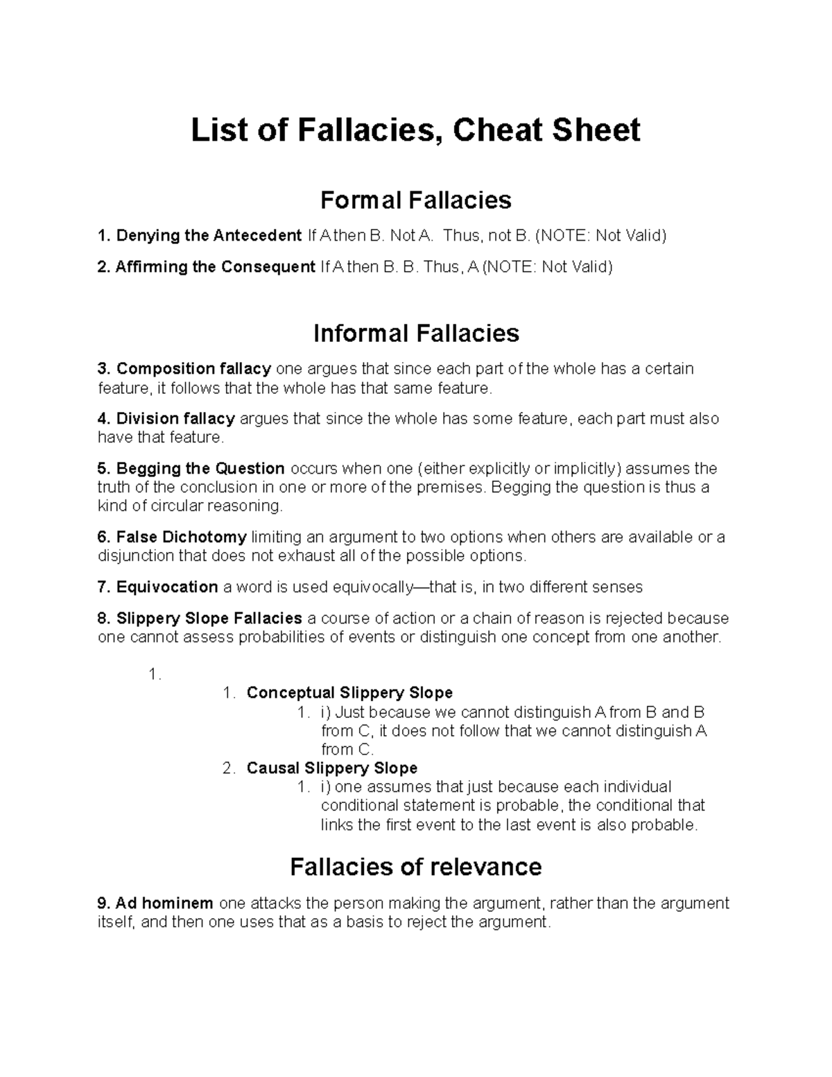 Fallacies Cheat Sheet - List Of Fallacies, Cheat Sheet Formal Fallacies ...