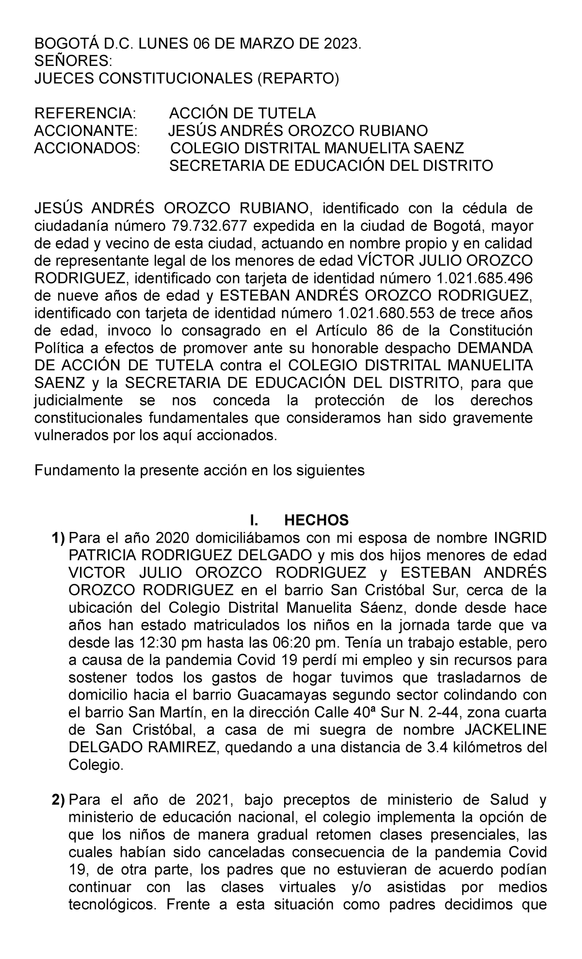 Demanda DE Acción DE Tutela - BOGOTÁ D. LUNES 06 DE MARZO DE 2023 ...