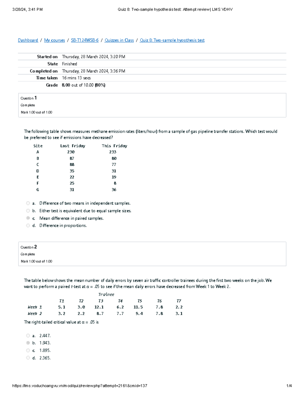 Quiz 8 Two-sample Hypothesis Test Attempt Review Lms Vdhv - Started On 