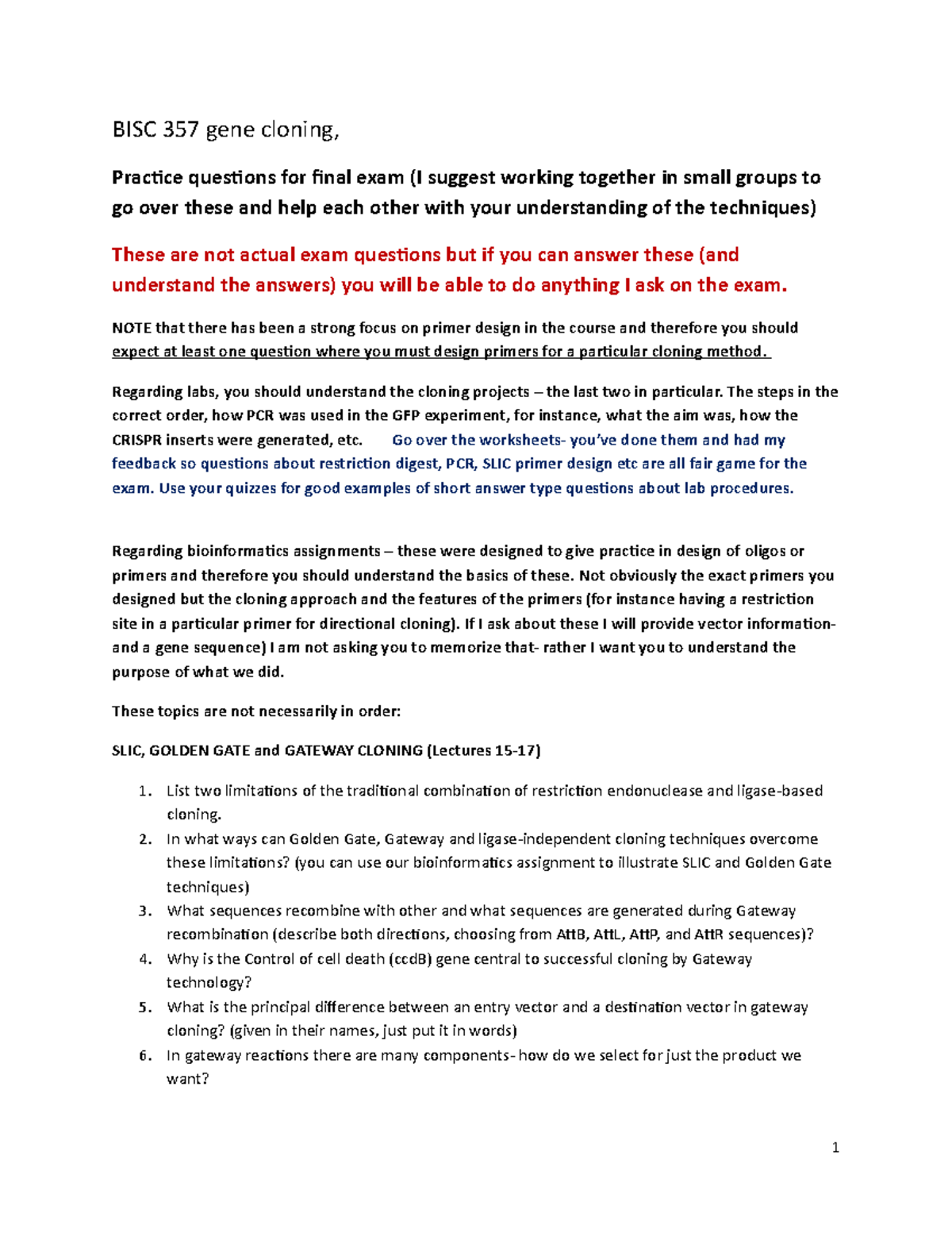 BISC3572022 material to know for final exam BISC 357 gene cloning