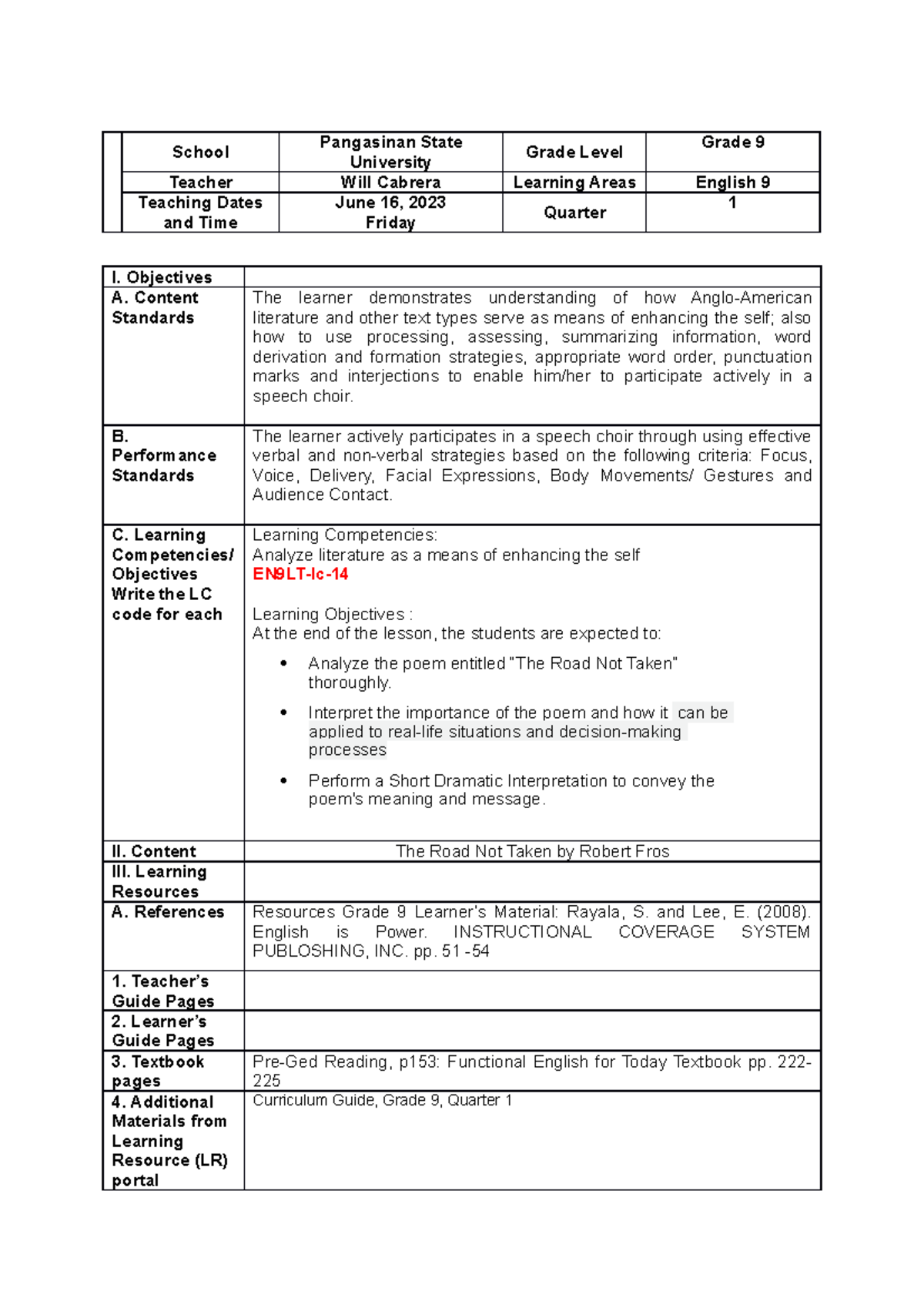 Lesson Plan (Will Cabrera) - School Pangasinan State University Grade ...