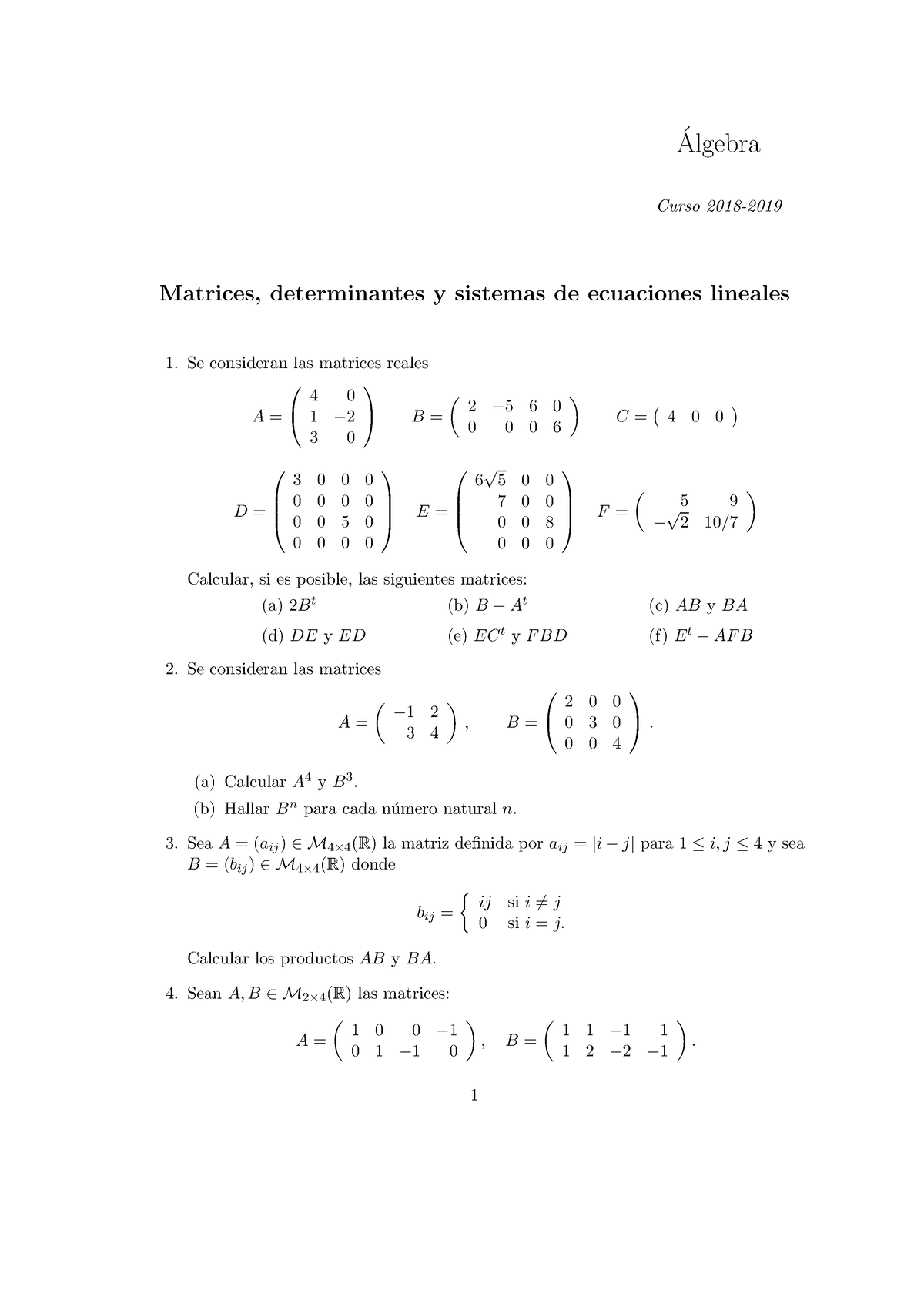 B2 - Exercises - Algebra ́ Curso 2018- Matrices, Determinantes Y ...